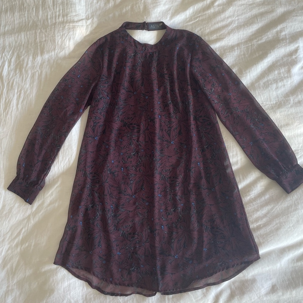 ASTR Maroon with black and blue print lined dress. Size Large.